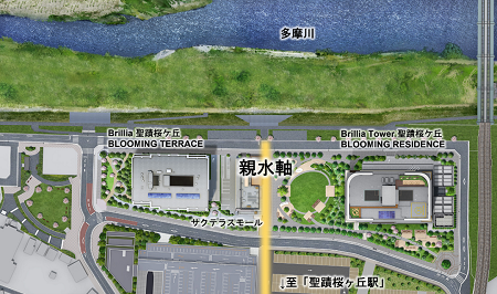 親水軸イメージ図（「Brillia 聖蹟桜ヶ丘BLOOMING TERRACE」は2024年11月竣工予定）