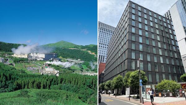 地熱発電所(九電みらいエナジー八丁原発電所)と供給先ビルの一例(東京建物八重洲ビル)